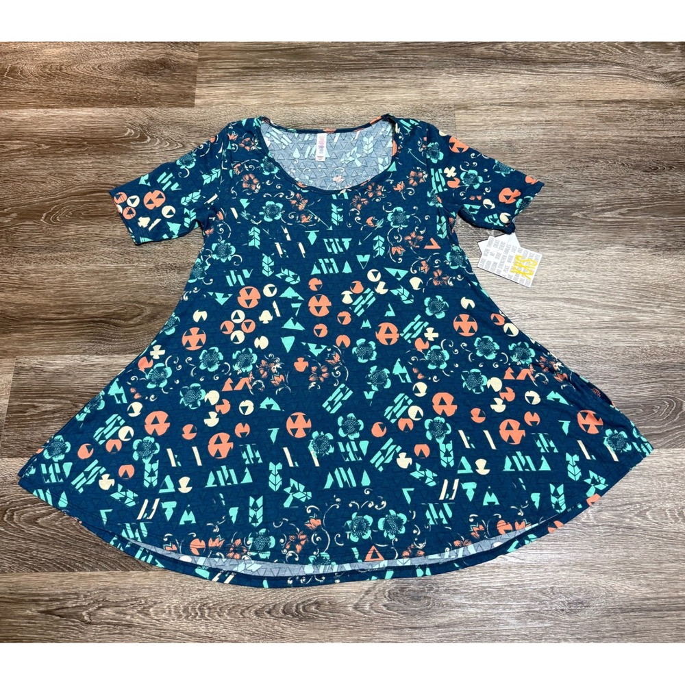 LuLaRoe Perfect T Top XXS Teal Blue Geometric Floral Short Sleeve Tunic NWT #101